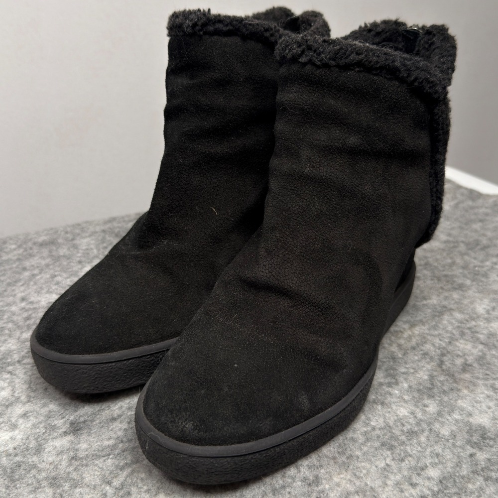 Aquatalia Ankle Boots Womens 8 Black Suede Shearling Faux Fur Trim Wedge Booties - Picture 7 of 11
